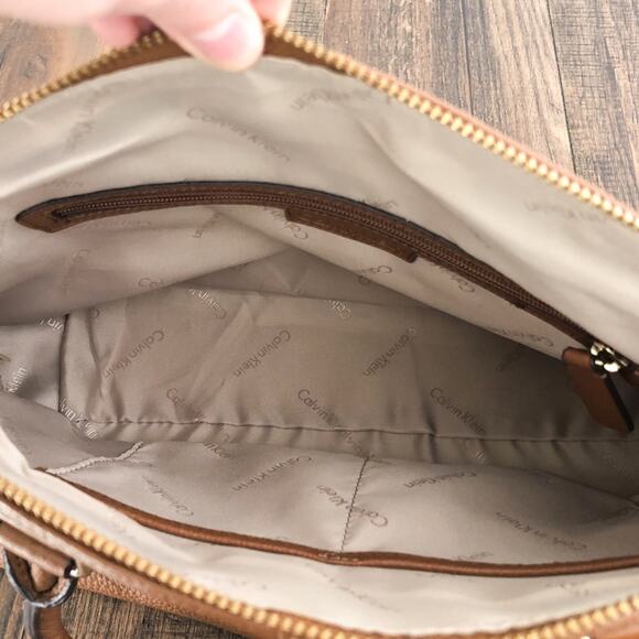 Calvin Klein Pebbled Leather Satchel Bag Dual Handle Exterior Pockets Brown Gold - Picture 12 of 16